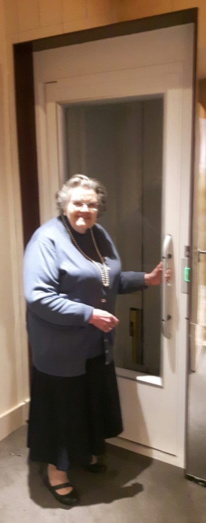 Betty Crosskey tries out the new lift