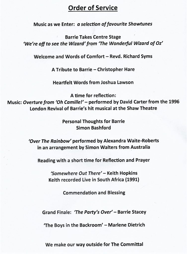 barrie Stacey order of funeral service