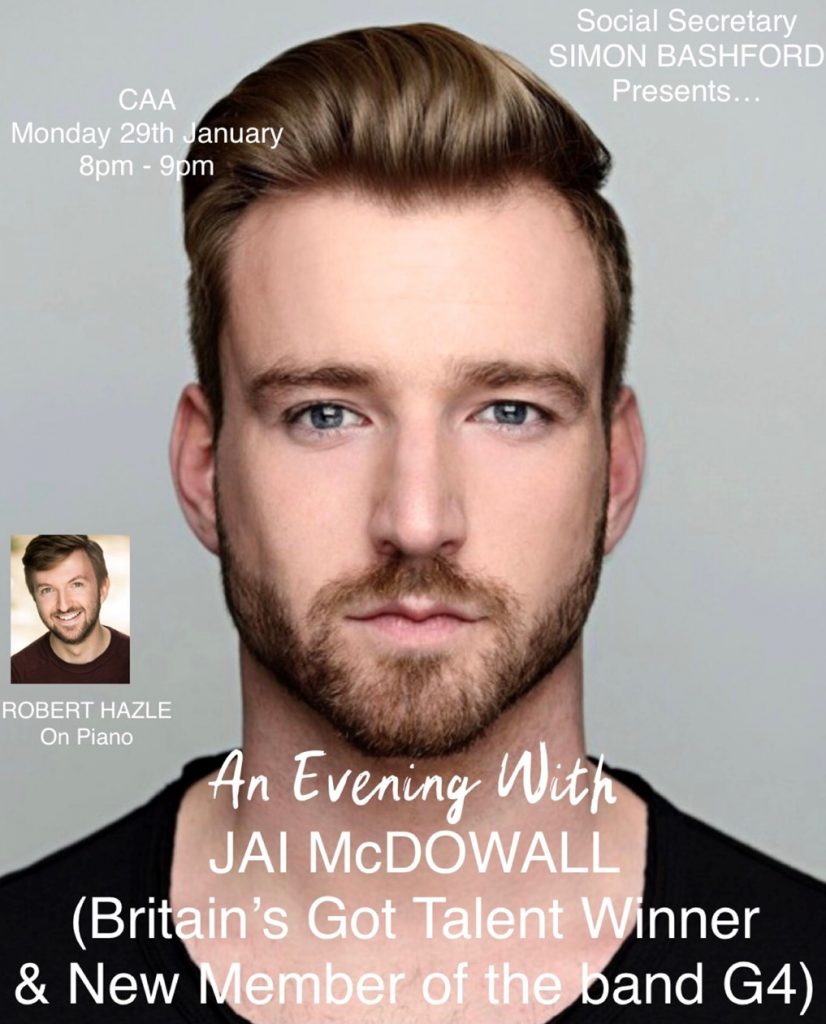 Monday 29th An evening with Britain's Got Talent winner Jai McDowell.