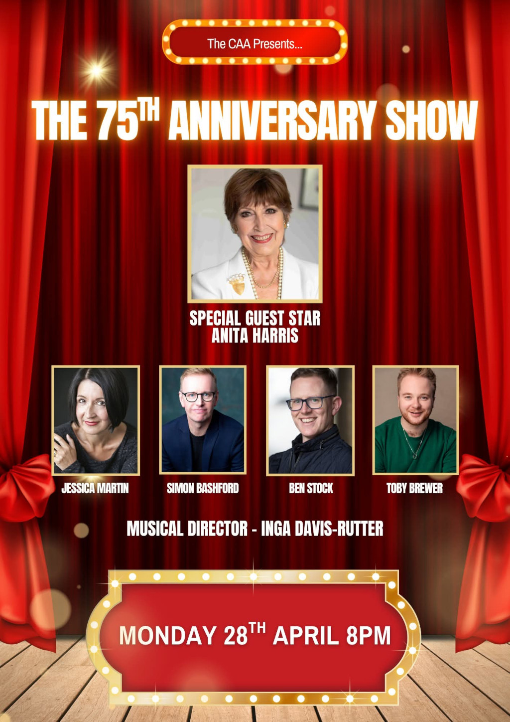 Monday 28th April 2025 at 8pm. The 75th Anniversary Show. Special guest Anita Harris with Jessica Martin, Simon Bashford, Ben Stock and Toby Brewer. M.D. Ina Davis-Rutter