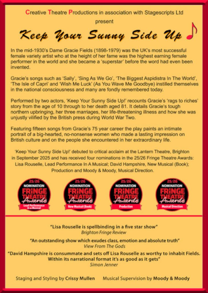 ‘Keep Your Sunny Side Up’! : The Gracie Fields Story by David Hampshire plays at the Museum of Comedy 2026